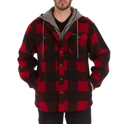 Men's Smith's Workwear Plaid Sherpa-Lined Microfleece Hooded Shirt Jacket -Mens Winter Outdoor Clothing Shop 5156351 Red Black