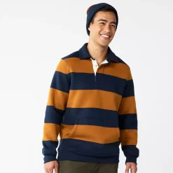 Men's Sonoma Goods For Life® Striped Fleece Rugby Pullover -Mens Winter Outdoor Clothing Shop 5589033 Blue Brown Stripe