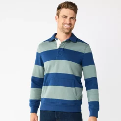 Men's Sonoma Goods For Life® Striped Fleece Rugby Pullover -Mens Winter Outdoor Clothing Shop 5589033 Green Blue Stripe